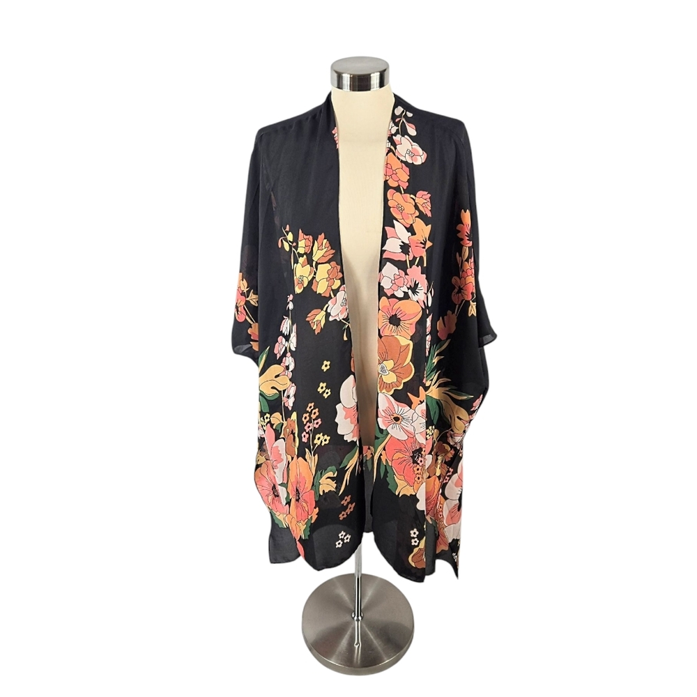 Floral Black Open Front Lightweight Bohemian Kimono